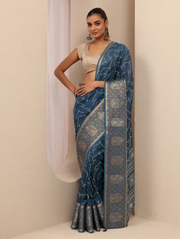 Libas - Women Navy Blue Silk Blend Printed Saree and Unstitched Blouse Piece