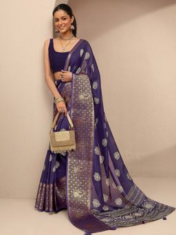 Libas - Women Purple Silk Blend Printed Saree and Unstitched Blouse Piece