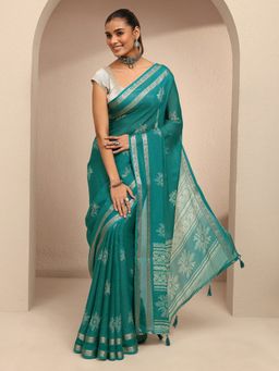 Libas - Women Green Silk Blend Printed Saree and Unstitched Blouse Piece