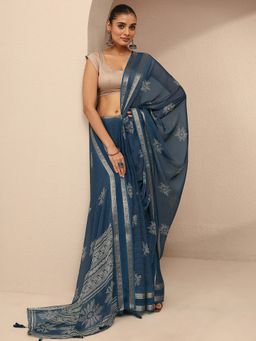 Libas - Women Blue Silk Blend Printed Saree and Unstitched Blouse Piece