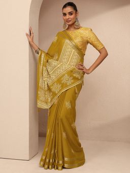 Libas - Women Mustard Silk Blend Printed Saree and Unstitched Blouse Piece
