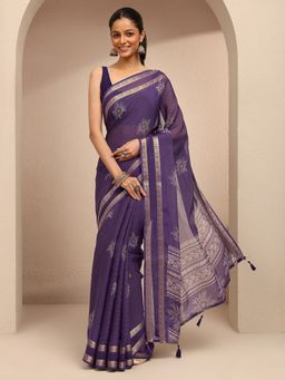 Libas - Women Purple Silk Blend Printed Saree and Unstitched Blouse Piece