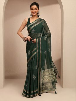 Libas - Women Green Silk Blend Printed Saree and Unstitched Blouse Piece
