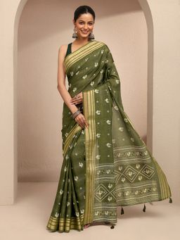 Libas - Women Green Silk Blend Printed Saree and Unstitched Blouse Piece