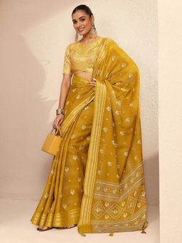 Libas - Women Mustard Silk Blend Printed Saree and Unstitched Blouse Piece