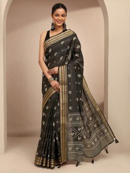 Libas - Women Black Silk Blend Printed Saree and Unstitched Blouse Piece