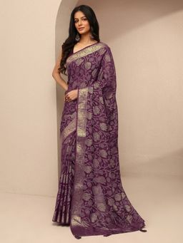 Libas - Women Burgundy Silk Blend Printed Saree and Unstitched Blouse Piece