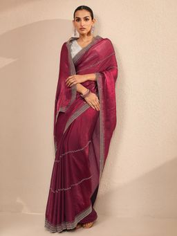 Libas - Women Maroon Silk Blend Embellished Saree and Unstitched Blouse Piece