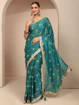 Libas - Women Blue Silk Blend Printed Saree and Unstitched Blouse Piece
