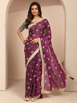 Libas - Women Burgundy Silk Blend Printed Saree and Unstitched Blouse Piece