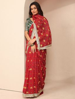 Libas - Women Red Silk Blend Printed Saree and Unstitched Blouse Piece