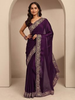 Libas - Women Burgundy Silk Blend Embroidered Saree and Unstitched Blouse Piece