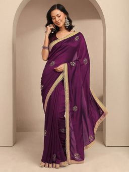 Libas - Women Burgundy Silk Blend Embellished Saree and Unstitched Blouse Piece