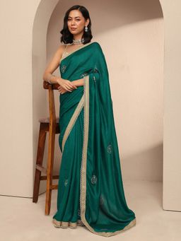 Libas - Women Green Silk Blend Embellished Saree and Unstitched Blouse Piece