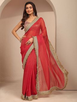 Libas - Women Red Silk Blend Solid Saree and Unstitched Blouse Piece