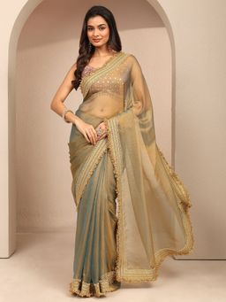 Libas - Women Blue Silk Blend Solid Saree and Unstitched Blouse Piece