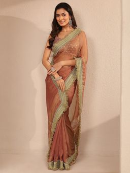 Libas - Women Peach Silk Blend Solid Saree and Unstitched Blouse Piece