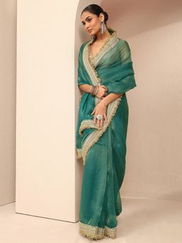 Libas - Women Blue Silk Blend Solid Saree and Unstitched Blouse Piece