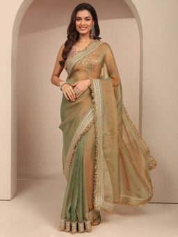 Libas - Women Green Silk Blend Solid Saree and Unstitched Blouse Piece