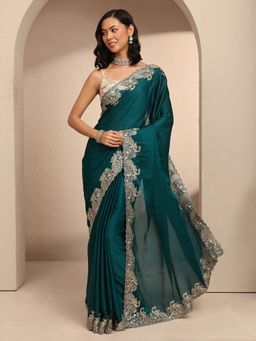 Libas - Women Blue Silk Blend Embellished Saree and Unstitched Blouse Piece