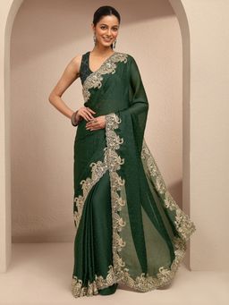 Libas - Women Green Silk Blend Embellished Saree and Unstitched Blouse Piece