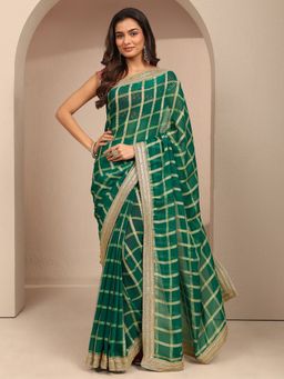 Libas - Women Green Silk Blend Woven Saree and Unstitched Blouse Piece