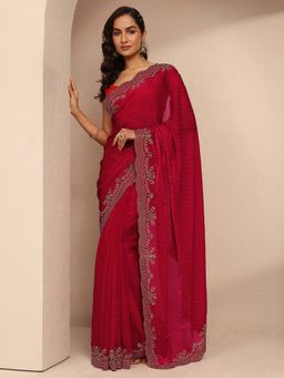 Libas - Women Red Silk Blend Embellished Saree and Unstitched Blouse Piece