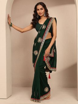 Libas - Women Green Silk Blend Embroidered Saree and Unstitched Blouse Piece
