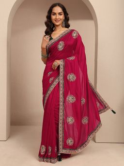 Libas - Women Red Silk Blend Embroidered Saree and Unstitched Blouse Piece