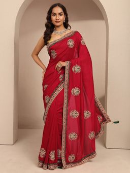 Libas - Women Red Silk Blend Embroidered Saree and Unstitched Blouse Piece