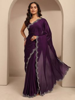 Libas - Women Purple Silk Blend Embellished Saree and Unstitched Blouse Piece