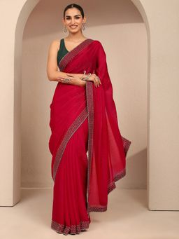 Libas - Women Red Silk Blend Embellished Saree and Unstitched Blouse Piece
