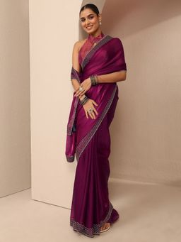 Libas - Women Burgundy Silk Blend Embellished Saree and Unstitched Blouse Piece