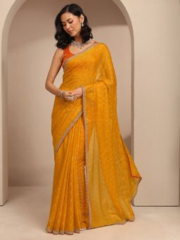 Libas - Women Mustard Silk Blend Printed Saree and Unstitched Blouse Piece