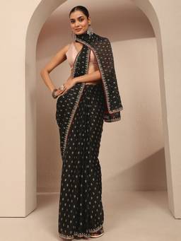 Libas - Women Black Silk Blend Embellished Saree and Unstitched Blouse Piece