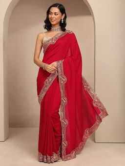 Libas - Women Red Silk Blend Embellished Saree and Unstitched Blouse Piece