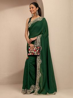 Libas - Women Green Silk Blend Embellished Saree and Unstitched Blouse Piece
