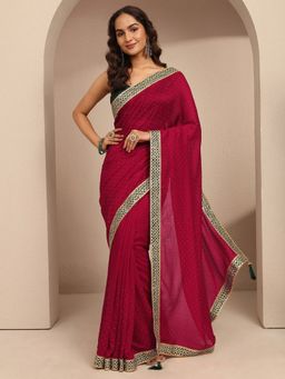 Libas - Women Red Silk Blend Embellished Saree and Unstitched Blouse Piece