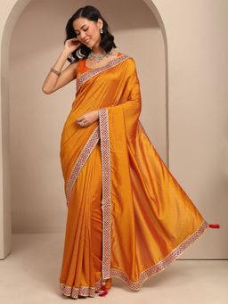 Libas - Women Mustard Silk Blend Embellished Saree and Unstitched Blouse Piece