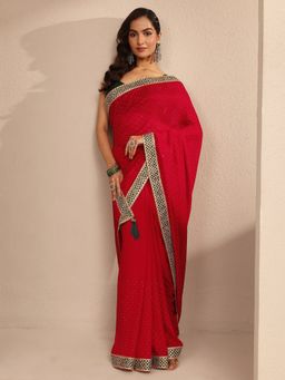 Libas - Women Red Silk Blend Embellished Saree and Unstitched Blouse Piece
