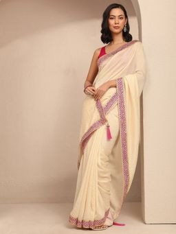 Libas - Women Cream Silk Blend Embellished Saree and Unstitched Blouse Piece