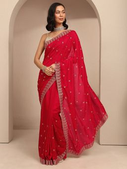 Libas - Women Red Silk Blend Embellished Saree and Unstitched Blouse Piece