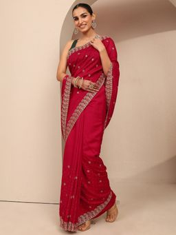 Libas - Women Pink Silk Blend Embroidered Saree and Unstitched Blouse Piece