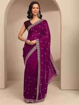 Libas - Women Purple Silk Blend Embellished Saree and Unstitched Blouse Piece