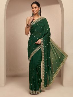 Libas - Women Green Silk Blend Embellished Saree and Unstitched Blouse Piece