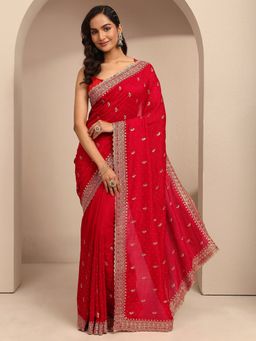Libas - Women Red Silk Blend Embellished Saree and Unstitched Blouse Piece