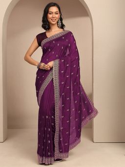 Libas - Women Burgundy Silk Blend Embellished Saree and Unstitched Blouse Piece