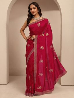 Libas - Women Red Silk Blend Embellished Saree and Unstitched Blouse Piece
