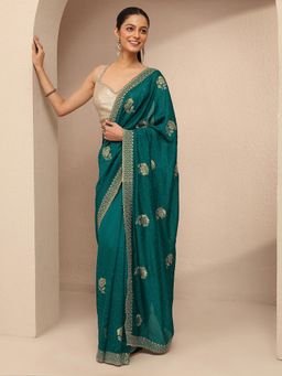 Libas - Women Green Silk Blend Embellished Saree and Unstitched Blouse Piece