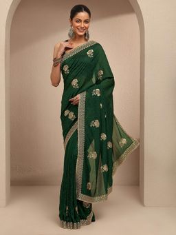 Libas - Women Green Silk Blend Embellished Saree and Unstitched Blouse Piece